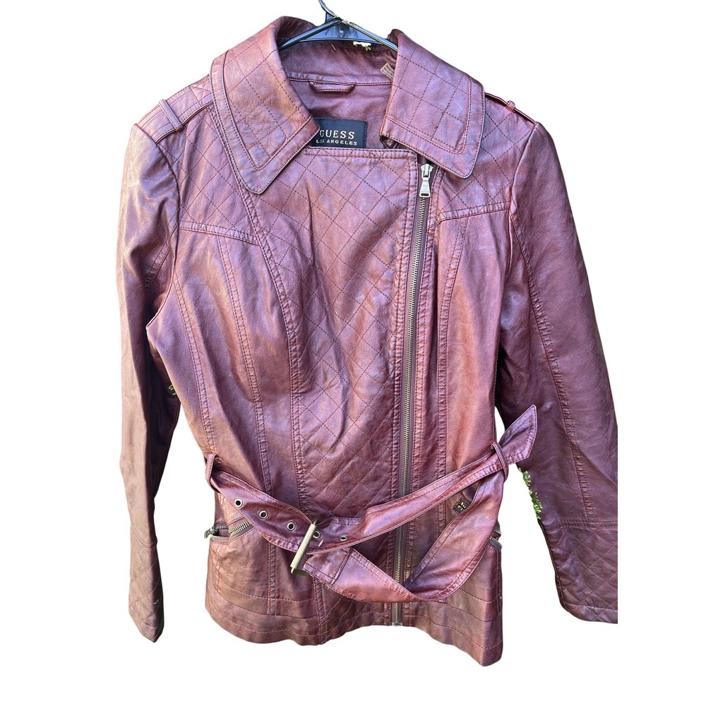 Guess Faux Leather Jacket Womens Large Red Quilted Belted Biker Zip Pockets